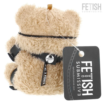 Beiger plüsch teddy mit schwarzem gurt und silberner schnalle im fetisch submissive fozzie teddybär bdsm modell 3