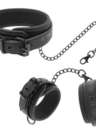 FETISH SUBMISSIVE - HALSKETTE UND HANDSCHELLEN AUS VEGANEM LEDER MIT NOPRENE-FUTTER - Halskette