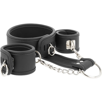 FETISH SUBMISSIVE - HALSKETTE UND HANDSCHELLEN AUS VEGANEM LEDER MIT NOPRENE-FUTTER - Handschellen für Frauen