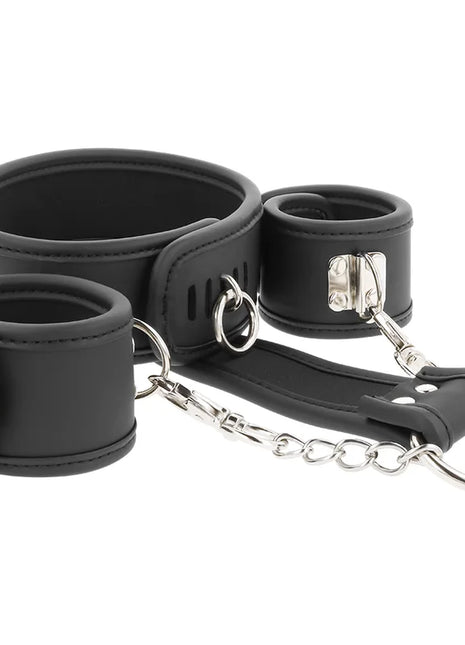 FETISH SUBMISSIVE - HALSKETTE UND HANDSCHELLEN AUS VEGANEM LEDER MIT NOPRENE-FUTTER - Handschellen für Frauen