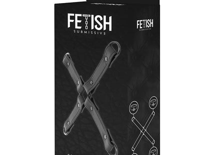 Schwarze veganleder 4-wege hogtie als handschellenverbindung für fetish submissive zur fesselung