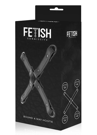 Schwarze veganleder 4-wege hogtie als handschellenverbindung für fetish submissive zur fesselung