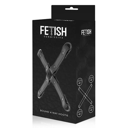 Schwarze veganleder 4-wege hogtie als handschellenverbindung für fetish submissive zur fesselung