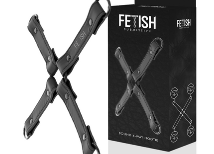 Schwarze x-förmige bondage hoogtie aus veganem leder von fetish submissive für fesselspiele