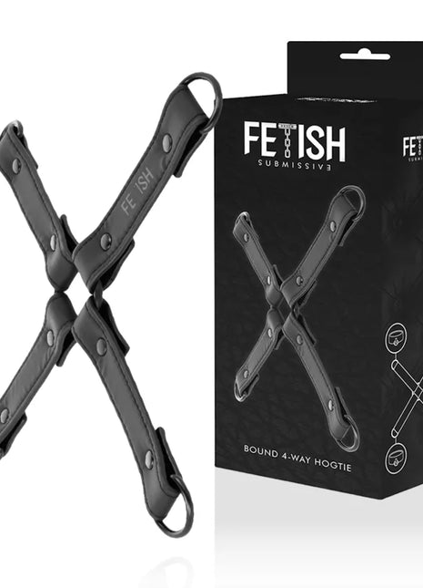 Schwarze x-förmige bondage hoogtie aus veganem leder von fetish submissive für fesselspiele