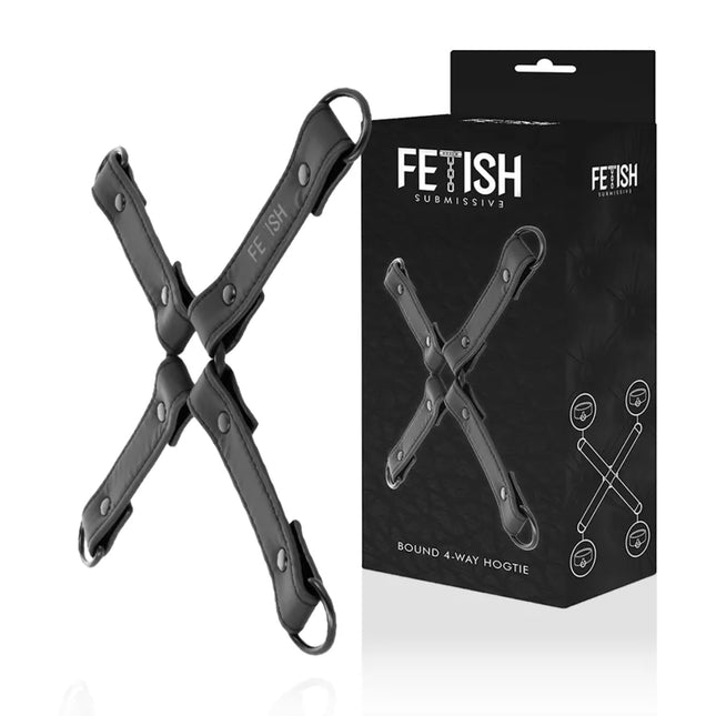 Schwarze x-förmige bondage hoogtie aus veganem leder von fetish submissive für fesselspiele