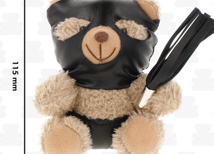 Fetish submissive luno bdsm teddybär modell 7 mit schwarzer ledermaske, beige plüschfell und silberner peitsche