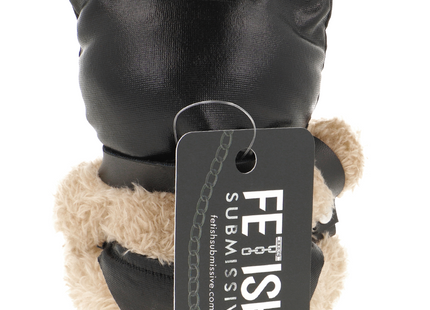 Schwarzer leder-katzen-plüsch mit beigem fellbesatz und gebrandetem etikett fetisch submissive luno bdsm teddybär modell 7