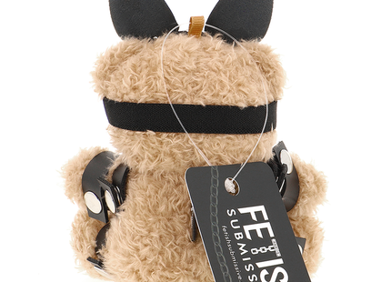Tan muffteddybär mit schwarzen ohren, kopfbügel und lederarmbändern im bdsm modell 5 fetish submissive stil