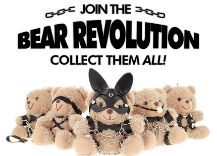 Fetish submissive beige plüschbär collectible set mit schwarzen lederartigen masken ketten und harnesses