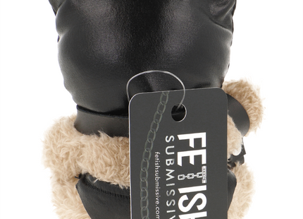 Fetish submissive momo bdsm teddybär modell 8 schwarzer leder teddy mit beigem plüschbauch und kettchenanhänger