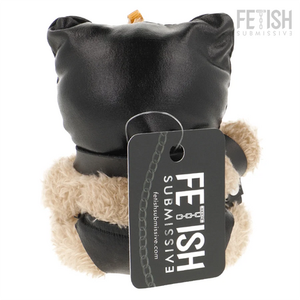 Fetish submissive momo bdsm teddybär modell 8 schwarzer leder teddy mit beigem plüschbauch und kettchenanhänger