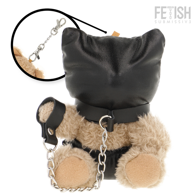 Schwarzer lederspielbär mit katzenohren kette und metallverschluss fetish submissive momo bdsm teddybär modell 8