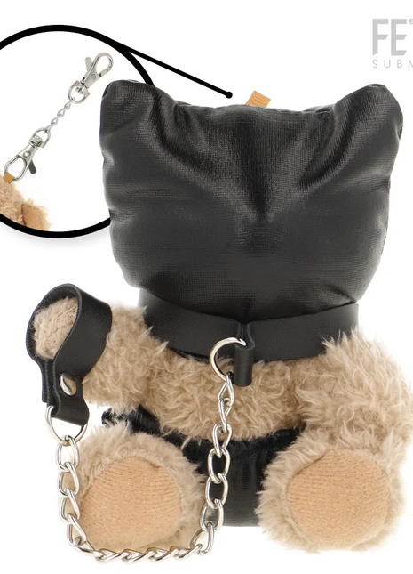 Schwarzer lederspielbär mit katzenohren kette und metallverschluss fetish submissive momo bdsm teddybär modell 8