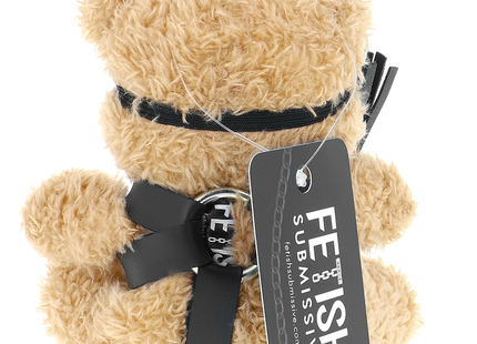 Tan plüsch teddy bear mit schwarzen lederriemen und metallring für bdsm von fetish submissive modell 2
