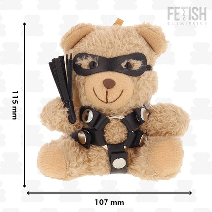 Ein hellbrauner plüsch-teddybär mit schwarzer ledermaske und halsband, der einen schwarzen flogger hält, fetish submissive modell 2
