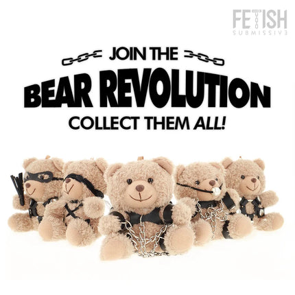 Beiger fetisch submissive yogi teddybär plüschbär mit schwarzem lederähnlichem halsband und ketten im bdsm modell 1
