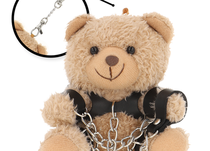 Beiger fetisch submissiver plush teddybär mit schwarzem ledergeschirr und silberner kette aus bdsm modell 1