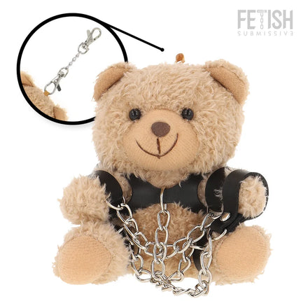 Beiger fetisch submissiver plush teddybär mit schwarzem ledergeschirr und silberner kette aus bdsm modell 1