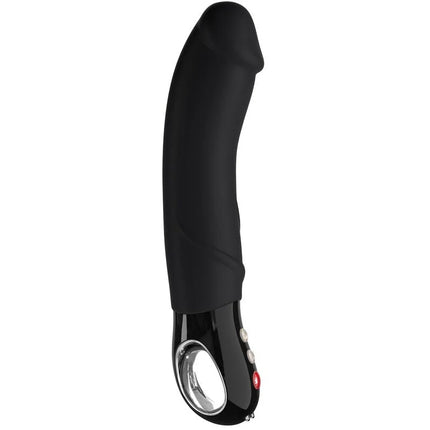 Schwarzer silikon-vibrator big boss black line mit ergonomischem schlaufengriff und glänzendem basis mit steuerungstasten