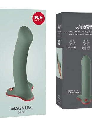 Fun factory magnum dildo wild olive grün mit rotem sockel in gebrandeten verpackungen dargestellt