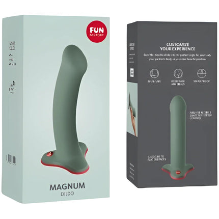 Fun factory magnum dildo wild olive grün mit rotem sockel in gebrandeten verpackungen dargestellt