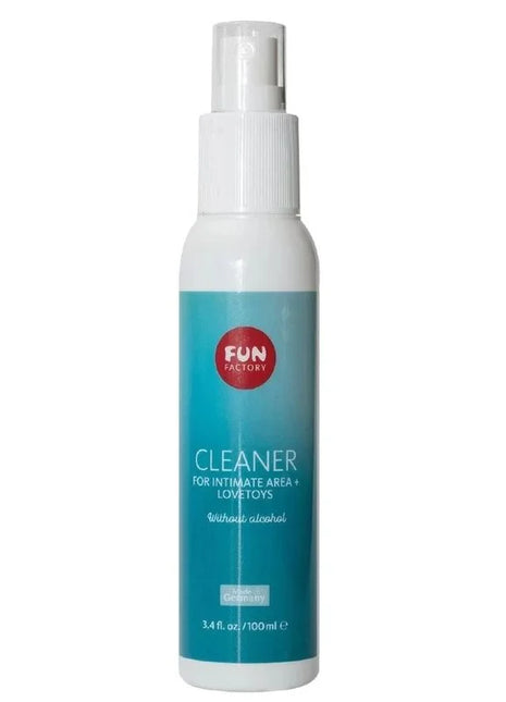 Weiße sprühflasche mit teal gradient etikett fun factory reiniger 100 ml für intimbereich und love toys ohne alkohol