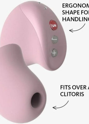 Rosa premium-klitoralsauger aus silikon mit rotem fun knopf und silbernen plus minus tasten von fun factory