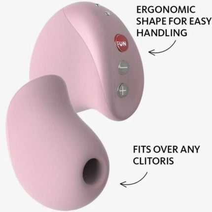 Rosa premium-klitoralsauger aus silikon mit rotem fun knopf und silbernen plus minus tasten von fun factory