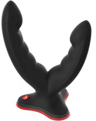 Schwarzer silikon doppelköpfiger analplug mit rotem rand und fun factory logo am fuß für massage und stimulation
