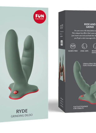 Fun factory ryde doppeldildo und massager in mattem salbeigrün aus silikon mit roten akzenten an basis und spitze