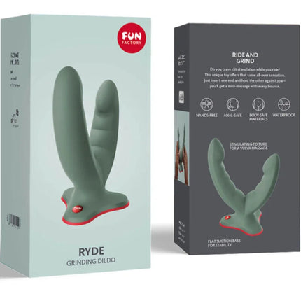Fun factory ryde doppeldildo und massager in mattem salbeigrün aus silikon mit roten akzenten an basis und spitze