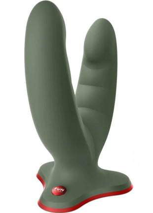 Fun factory ryde doppeldildo und massager aus olivgrünem silikon mit rotem akzent und logo am fußende