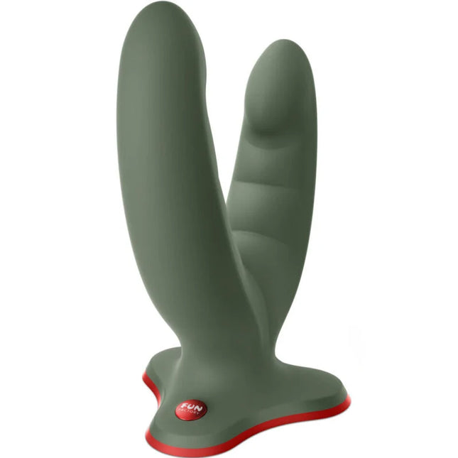 Fun factory ryde doppeldildo und massager aus olivgrünem silikon mit rotem akzent und logo am fußende