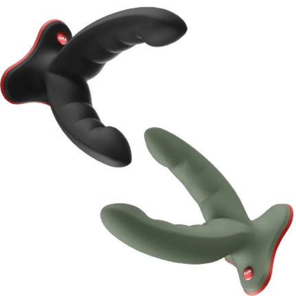 Schwarzer und olivgrüner silikon anal stimulator mit roten akzenten und kleinem fun factory logo am fuß