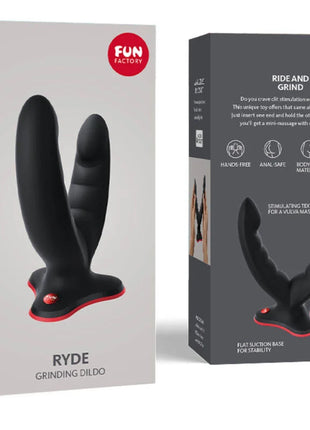 Schwarzer und roter fun factory ryde doppeldildo und massager mit flacher saugbasis für stabilität