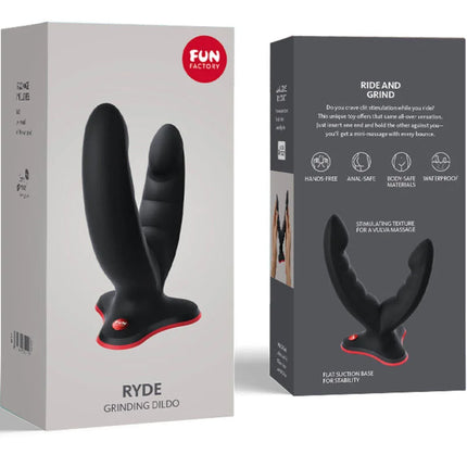 Schwarzer und roter fun factory ryde doppeldildo und massager mit flacher saugbasis für stabilität