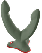 Olivegrünes dualkopf silikon vibratorduo mit rotem akzent und markenknopf von fun factory ryde doppeldildo und massager