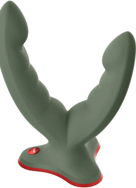 Olivegrünes dualkopf silikon vibratorduo mit rotem akzent und markenknopf von fun factory ryde doppeldildo und massager