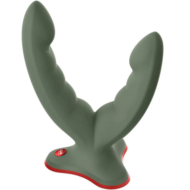 Olivegrünes dualkopf silikon vibratorduo mit rotem akzent und markenknopf von fun factory ryde doppeldildo und massager