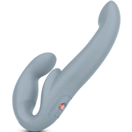 Grauer silikon doppelkopf vibrierer mit strukturierter griff und rotem power-knopf fun factory share vibe pro doppelvibrator violett