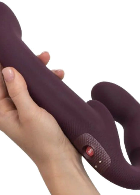 Lila silikon-doppelvibrator fun factory share vibe pro mit strukturiertem bedienfeld und rotem knopf