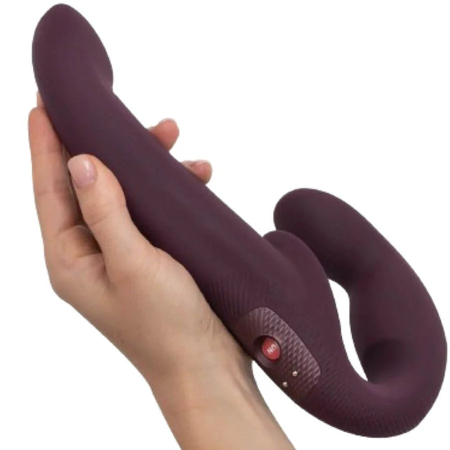 Lila silikon-doppelvibrator fun factory share vibe pro mit strukturiertem bedienfeld und rotem knopf