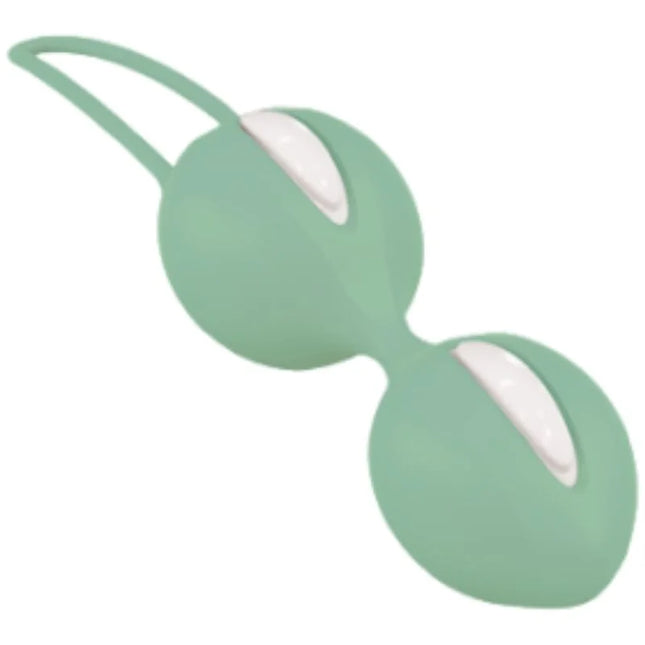 Ein mintgrünes silikon-doppel-blasen vaginalgewicht mit weißen innerkammern von fun factory smartballs duo