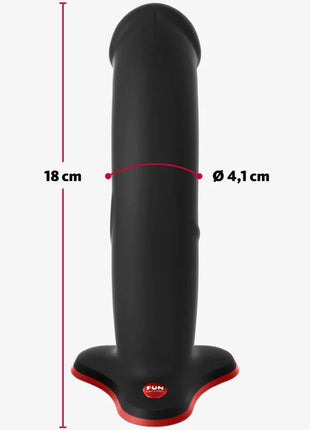 Schwarzer silikon analplug mit rotem rand und fun factory logo in der basis aus der serie the boss realistischer dildo