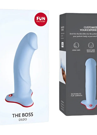 Hellblauer silikon dildo mit rotem sockel und runder taste the boss von fun factory realistischer dildo schwarz