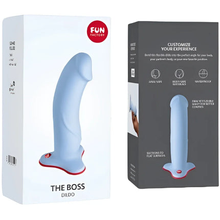 Hellblauer silikon dildo mit rotem sockel und runder taste the boss von fun factory realistischer dildo schwarz