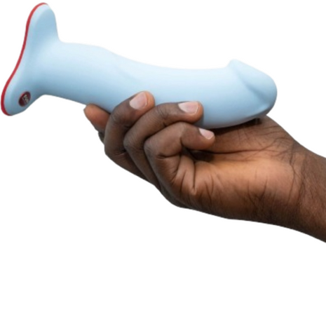 Hellblauer silikon-analplug mit rotem rand und kleinem logo am fuß von fun factory the boss realistischer dildo schwarz