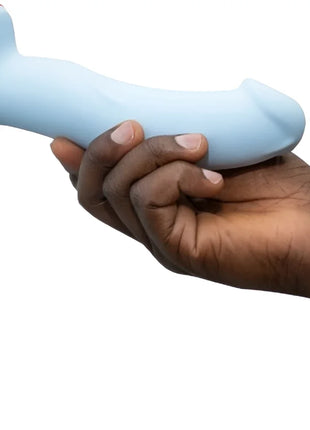 Hellblauer silikon-analplug mit rotem rand und kleinem logo am fuß von fun factory the boss realistischer dildo schwarz