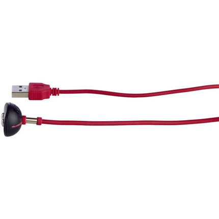Rotes usb magnet ladekabel von fun factory mit schwarzem rundem stecker zwei silbernen knöpfen und pinkem akzent